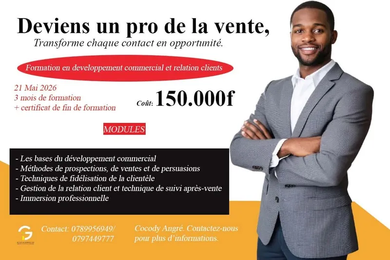 Flyer de la formation Développement commercial et relation client : 150 000 F, 3 mois à partir du 21 mai 2026 à Cocody